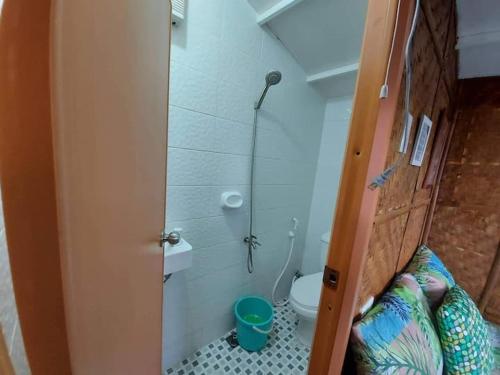 a small bathroom with a shower and a toilet at Glamping Site walking distance to Majayjay Falls in Amonoy