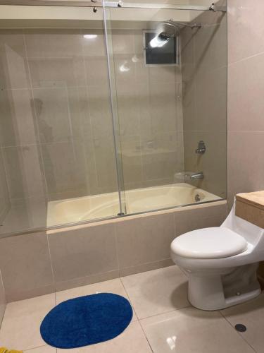 a bathroom with a shower and a toilet and a blue rug at Book in Miraflores - Lima in Lima
