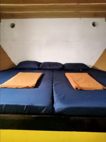 a blue bed with two pillows on top of it at Share/Open trip komodo 2Days 1 Night in Labuan Bajo