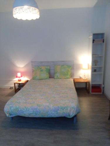 ein Schlafzimmer mit einem Bett mit zwei Tischen und einer Lampe in der Unterkunft vieux-Cognac, chambre avec sa salle de bain privative in Cognac