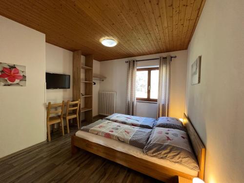 a bedroom with a bed in a room with a window at Pension & Apartments Waldkrieber in Presseggersee