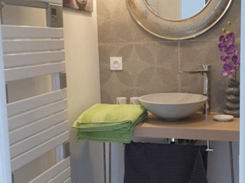 a bathroom with a sink and a mirror on a counter at La Picardière in Perdreauville
