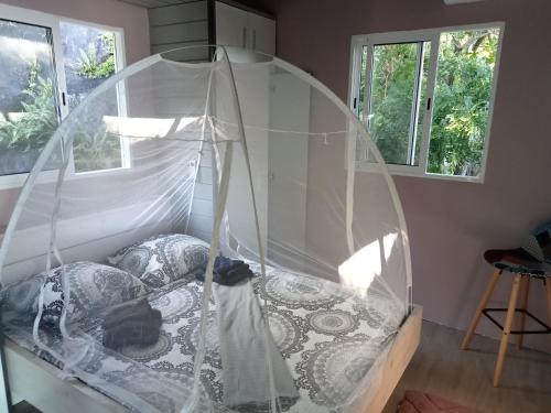 1 cama con dosel en una habitación con ventanas en AWMONY'KAZ, Gite à Trois-Rivières GUADELOUPE en Trois-Rivières