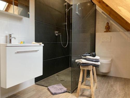 łazienka z prysznicem i stołkiem z ręcznikami w obiekcie Gastenverblijf Chambre dAmis w mieście Heers