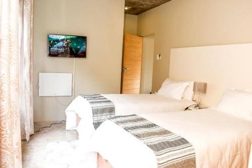 two beds in a room with a tv on the wall at Amabwe Guesthouse in Grahamstown