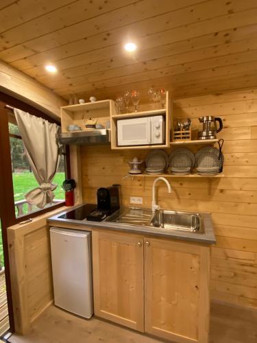 a kitchen with a sink and a microwave at Les roulottes a Sandie in Thionville