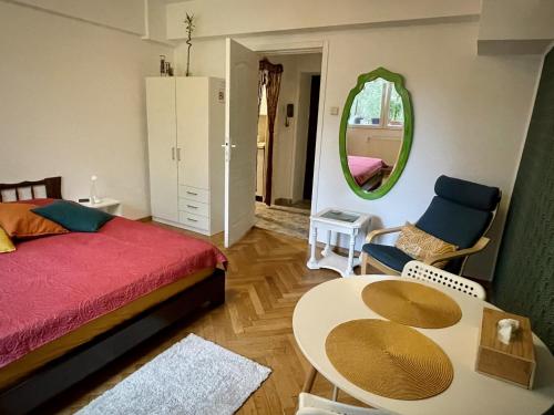 um quarto com uma cama, uma mesa e um espelho em MAYAHouse em Bucareste