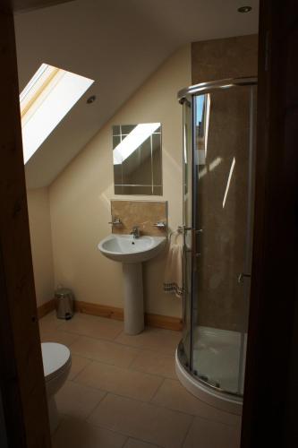 a bathroom with a sink and a shower and a toilet at Glendun Self Catering in Cushendall