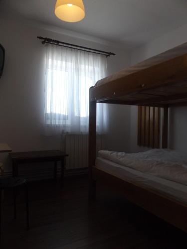 a bedroom with a bunk bed and a window at Cabana Telescaun in Petroşani