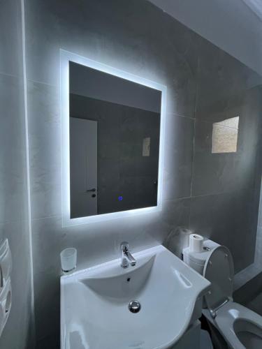 a bathroom with a sink and a mirror and a toilet at Harmony Apartments in Sarandë