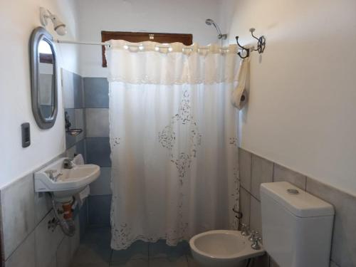 a bathroom with a white shower curtain and a toilet at Cazasanta in Mendoza
