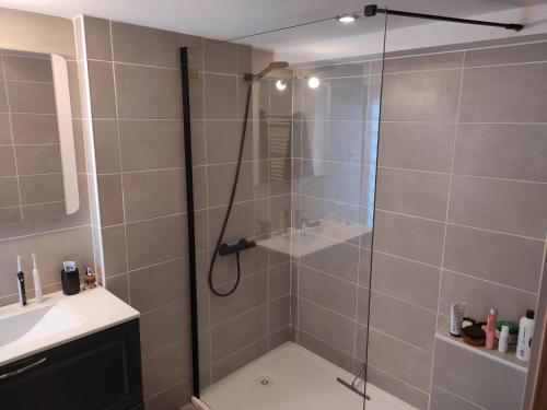 a shower with a glass door in a bathroom at Agréable chambre d'hôte 