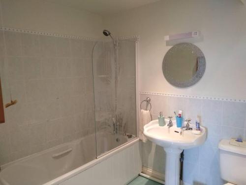 ein Bad mit einem Waschbecken, einer Dusche und einem WC in der Unterkunft Gorgeous private apartment mesmerising sea views in Teignmouth