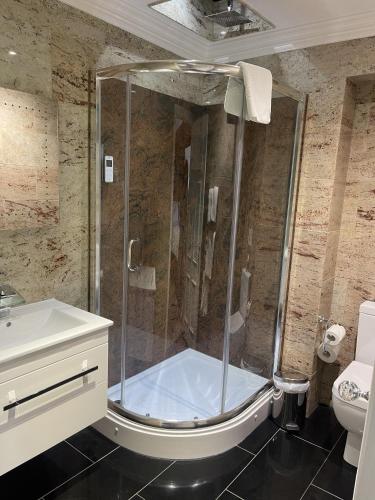 a bathroom with a shower with a sink and a toilet at Dalston Hall in Carlisle