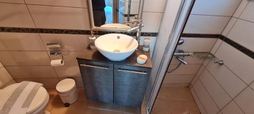 a bathroom with a sink and a toilet at Πέτρα, Ελιά και Λεβάντα in Tolo