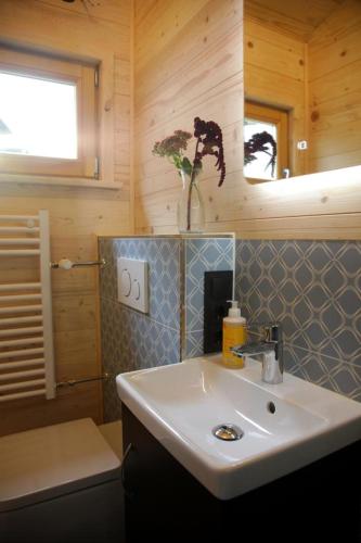 W drewnianym pokoju znajduje się łazienka z białą umywalką. w obiekcie Tinyhaus auf dem Schacherbauerhof w mieście Mehring