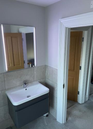 a bathroom with a sink and a mirror at Private Room in Saintfield in Saintfield