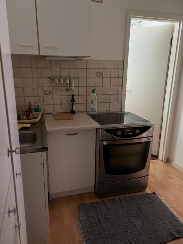 uma pequena cozinha com um fogão e um lavatório em Rubys1 em Frankfurt