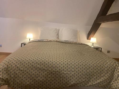 a bedroom with a large bed with two lamps at Chantignolle, proche aéroport in Tillé