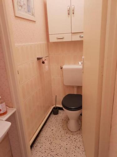 - une petite salle de bains avec des toilettes et un couvercle noir dans l'établissement Banyuls vu d'en haut : appartement T3 spacieux, à Banyuls-sur-Mer