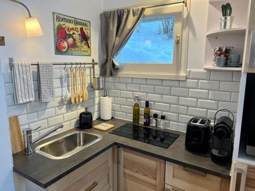 un comptoir de cuisine avec un évier et une fenêtre dans l'établissement Studio cosy et fonctionnel entre Saule et Lilas, à Villard-de-Lans
