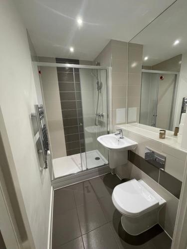 y baño con aseo, lavabo y ducha. en Amazing apartment moments away from the heart of London, en Londres