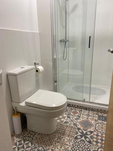 a bathroom with a toilet and a shower at Island town Apartment in Enniskillen