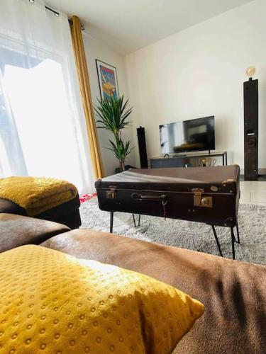 a living room with a suitcase on a coffee table at L‘atelier in Châtenois