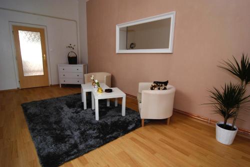 a living room with a table and a chair and a mirror at Fontana Pizzeria - Pension in České Budějovice