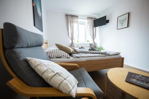 a living room with a couch and a table at Apartmány Lanna in České Budějovice