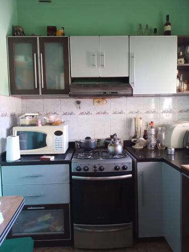 a kitchen with a stove and a microwave at Casa en Barrios Los Arcos in Plottier