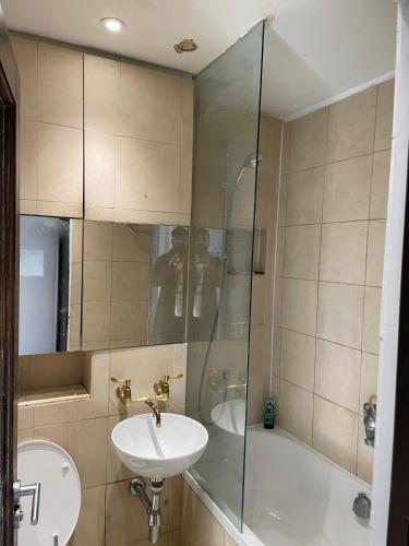 倫敦的住宿－81 st quintin avenue，一间带水槽和玻璃淋浴的浴室