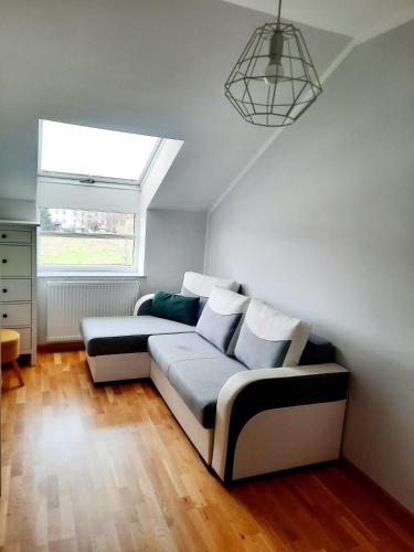 a living room with a couch and a window at Apartament 252 in Kielce