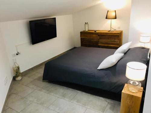 een slaapkamer met een bed en een tv aan de muur bij L'arbousier in Cassis
