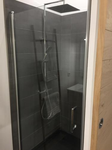 La salle de bains est pourvue d'une douche avec une porte en verre. dans l'établissement L'arbousier, à Cassis