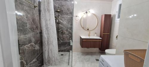 een badkamer met een douche, een wastafel en een spiegel bij KV Center OF Athens in Athene