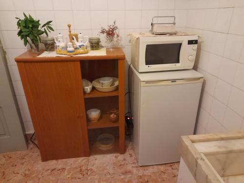 una pequeña cocina con microondas y nevera. en Casa da Tia Lena, en Coímbra