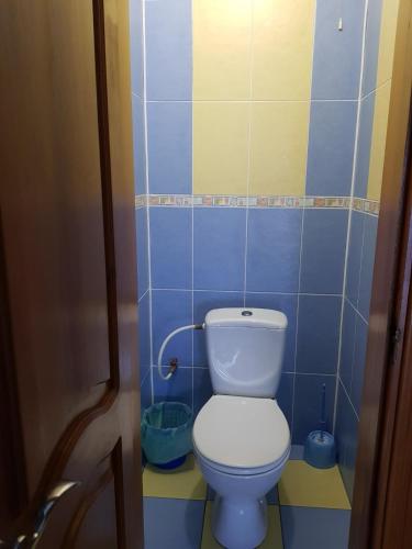 a bathroom with a toilet in a blue tiled room at Дом для Души с бассейном in Vinnytsya