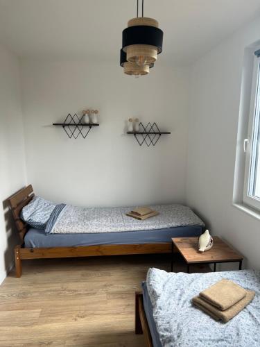 a bedroom with two twin beds and a lamp at Apartament nad jeziorem in Pszczew