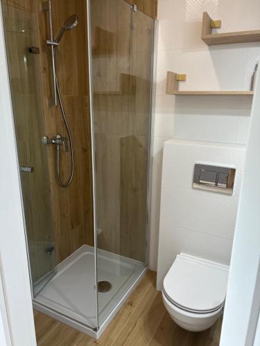 een badkamer met een douche en een toilet bij Apartament nad jeziorem in Pszczew