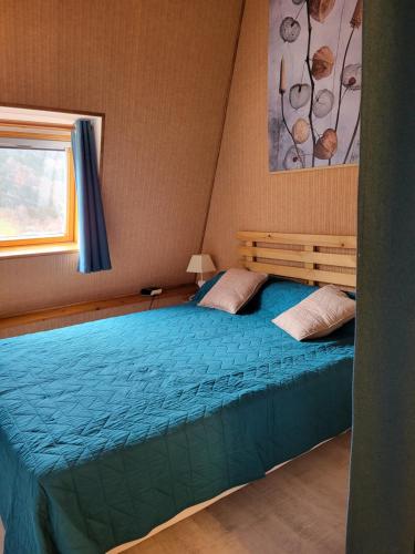 a bedroom with a blue bed with a window at Appartement Mont Dore tout confort, 2 pièces, 4 personnes in Le Mont-Dore