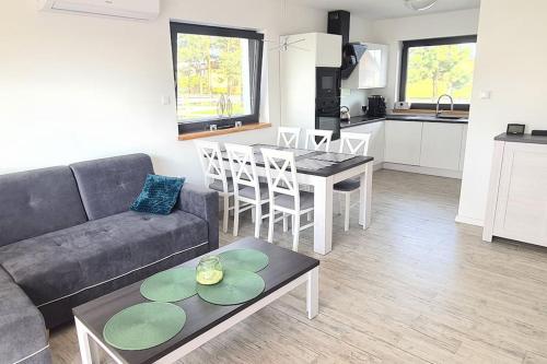 a living room with a couch and a table and a kitchen at Wake domek Green House Januszkowice in Januszkowice