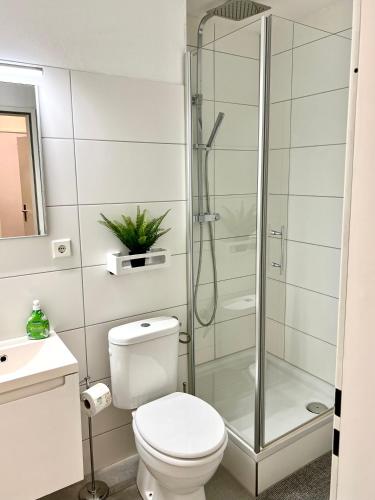 a bathroom with a toilet and a glass shower at Jutta Deluxe Apartment #301 in Bad Reichenhall