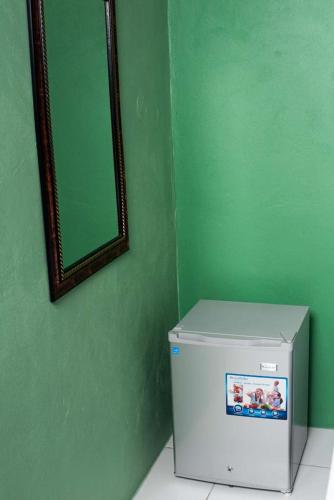 a mirror on a green wall next to a refrigerator at Airport Beach Hotel in Montego Bay