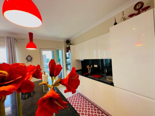 フンシャルにあるMadeira Inn Pérolaの赤と白のキッチンに赤い花を使った料理