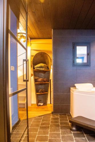 a small bathroom with a toilet and a shelf at Een vleugje wellness in de Voerstreek - Bed & Brocante Onder de Poort in Voeren