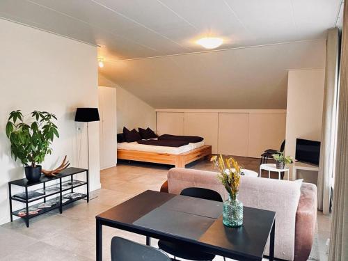 een woonkamer met een bank en een bed bij Mysa in Deurne