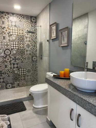 a bathroom with a sink and a toilet and a shower at Precioso Loft a pie de playa in Nuevo Vallarta
