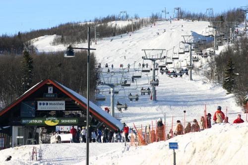 a group of people on a ski slope with a ski lift at Leilighet Beitostølen sentrum, terrasse og innendørs parkering in Beitostøl
