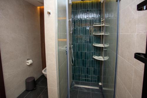 a shower with a glass door in a bathroom at Woodside Kopaonik 417-418 in Kopaonik